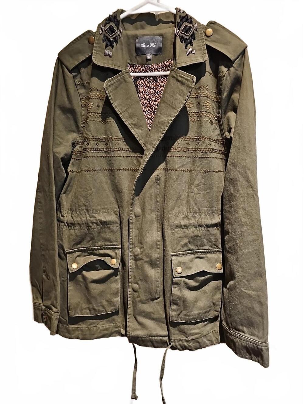 Miss Me Military Style Army Green Beaded Collar Jacket Embellished Size S
